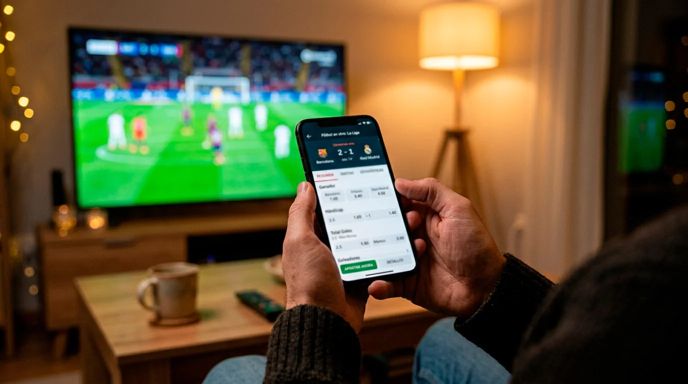 Aficionado siguiendo la final de la Champions League en directo desde su teléfono móvil