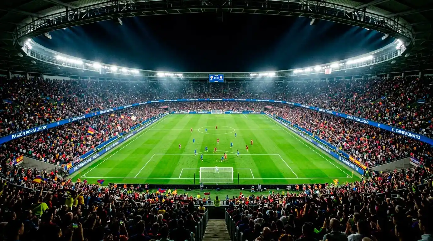 Estadio de fútbol lleno de espectadores durante una noche de Champions League