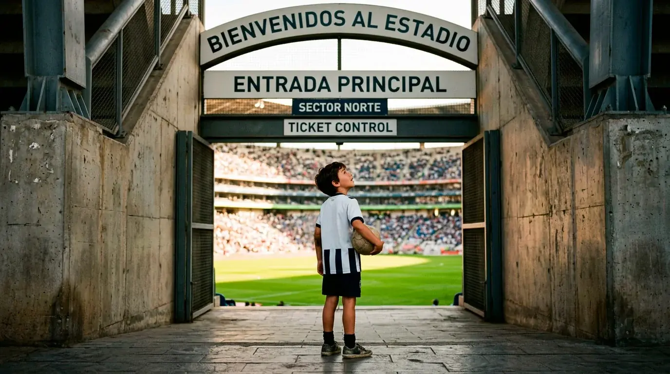 Joven aficionado entrando por primera vez a un estadio de fútbol europeo