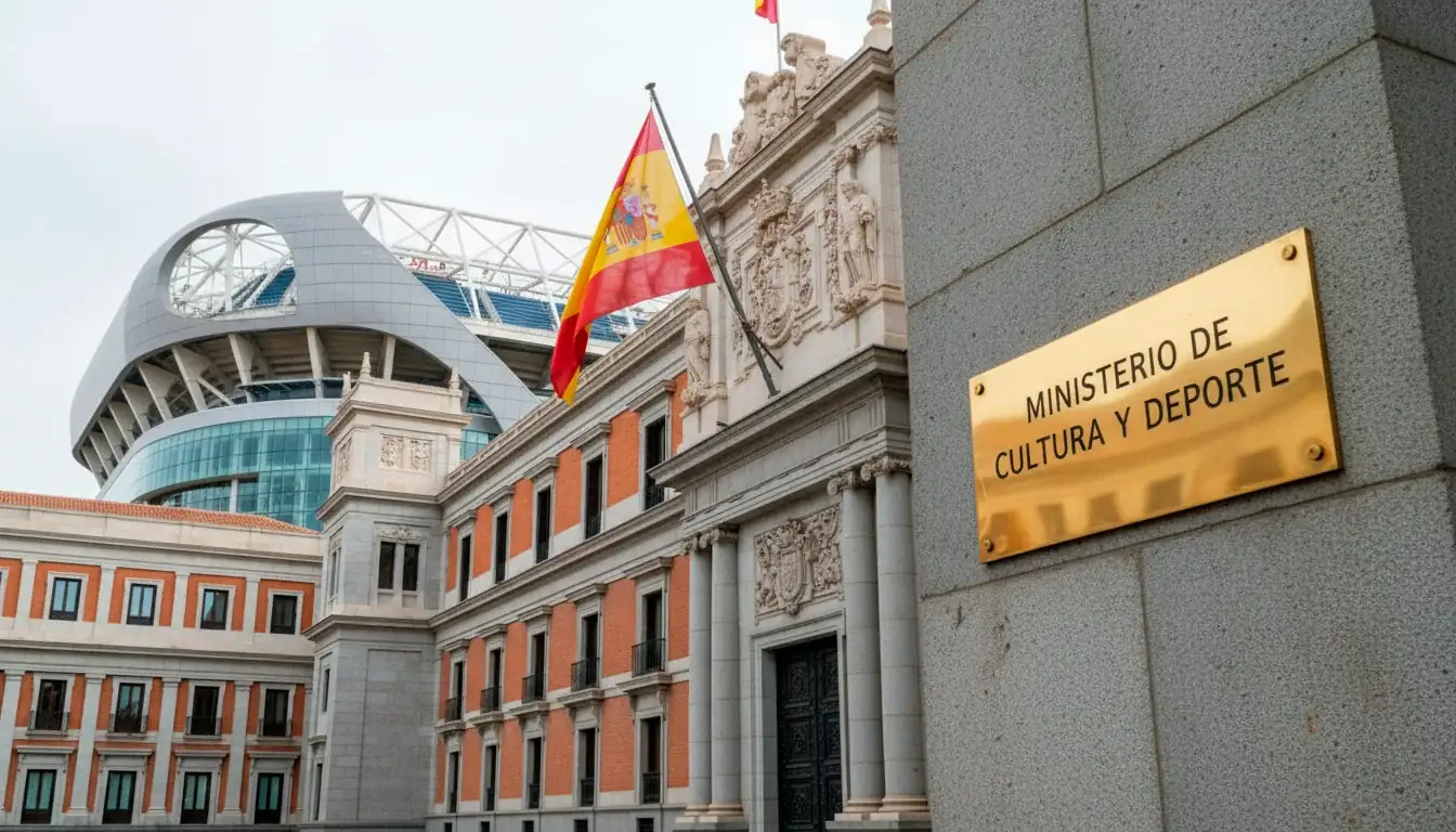 Edificio institucional español con bandera de España junto a un estadio de fútbol