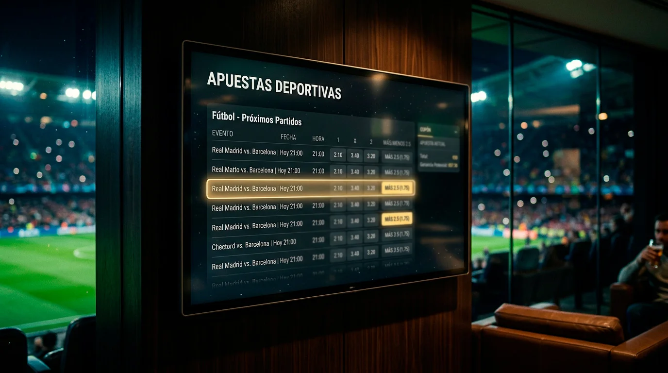 Pantalla de cuotas deportivas con una línea resaltada sobre fondo de estadio nocturno