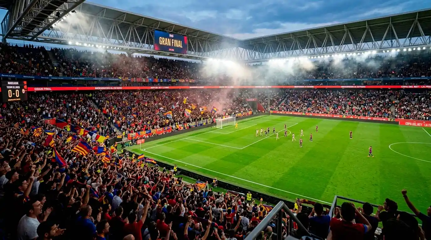 Grada llena de espectadores en un estadio de fútbol durante una final europea