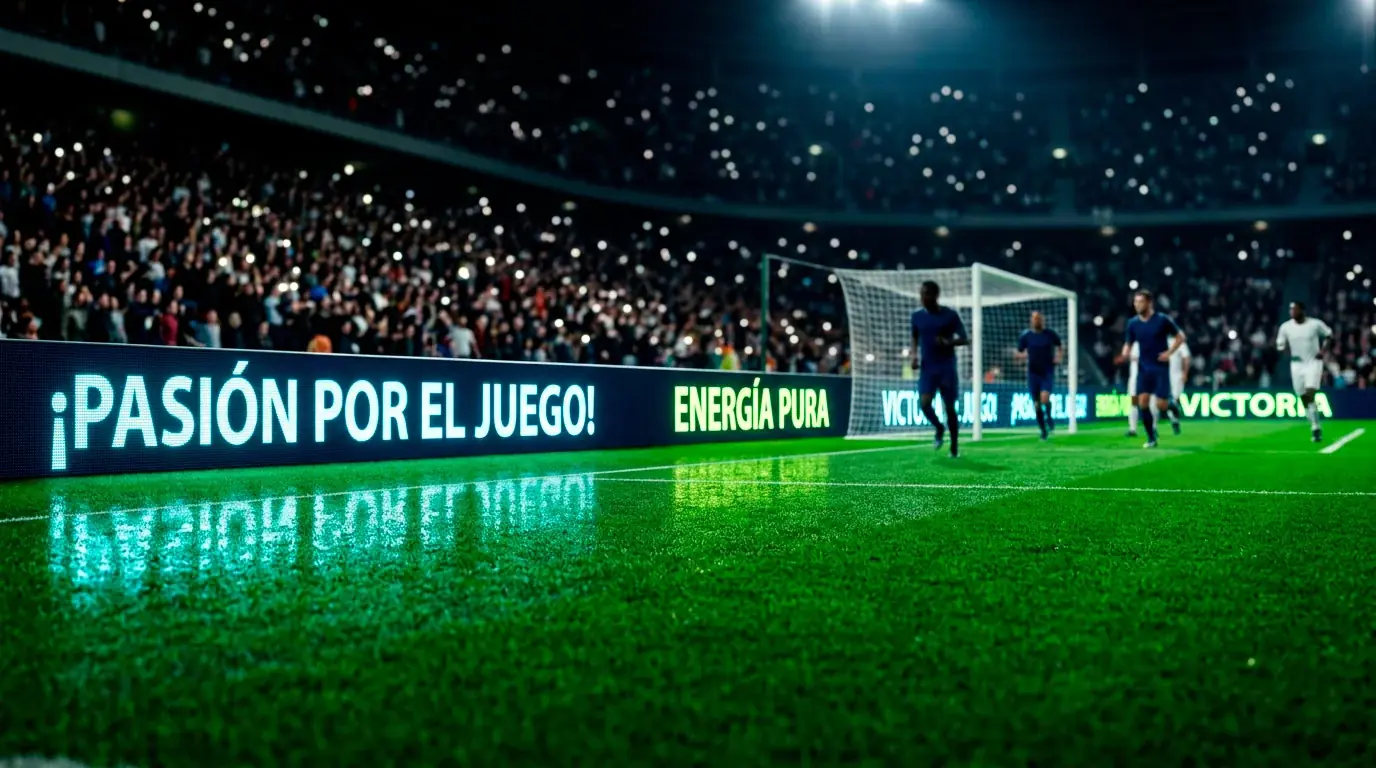 Vallas publicitarias alrededor de un campo de fútbol durante un partido nocturno